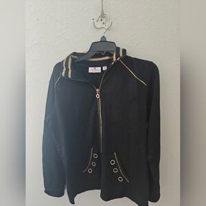 Quacker Factory Jacket French Terry Rhinestone Grommet Gold Trim Zip Up Black M